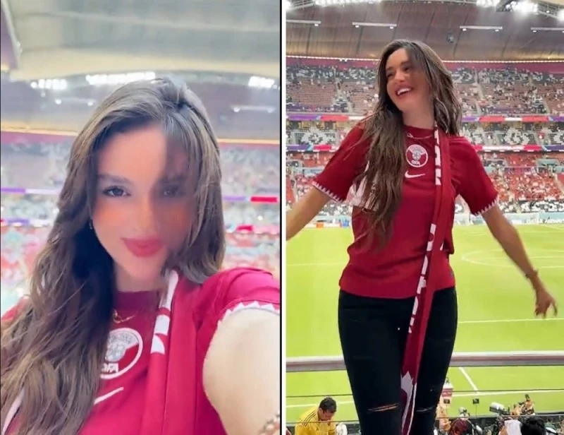 فتاة حسناء كأنها حورية من الجنة تخطف أنظار العرب والعالم بجمالها الشديد أثناء مباراة افتتاح كأس العالم بقطر ! (صورة)